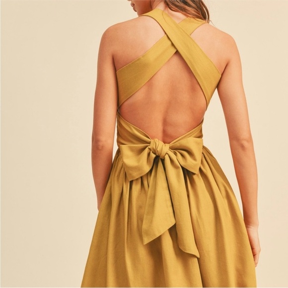 Miou Muse Dresses & Skirts - MIOU MUSE Mustard Yellow Linen Blend Crisscross Open Back Dress – Size M
